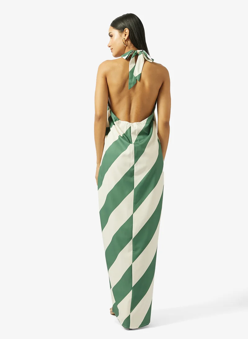 جينجر Halter Neck Stripe Dress with Slit